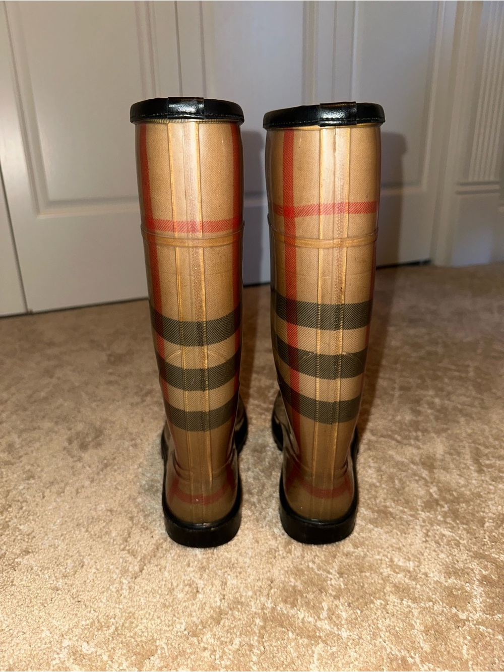 Burberry Women’s Classic Check Tall Rain Boots in Beige/Black - Picture 3 of 6